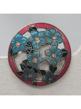 Vtg Cloisonné Enamel Floral Round Brooch Pin Blue Flowers Open Work Red Border